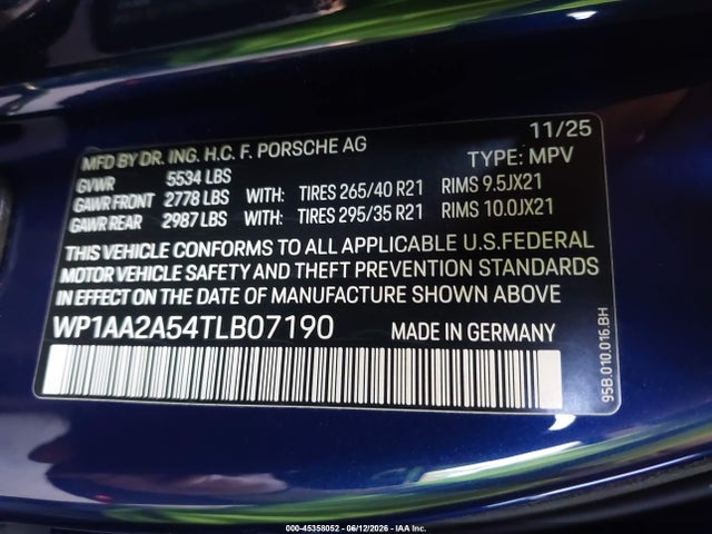 Aukcja sprzedaży 2026 Porsche Macan T, vin: WP1AA2A54TLB07190, numer aukcji: 45358052