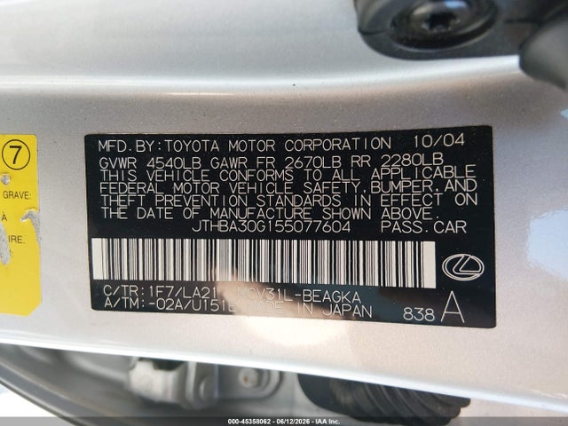 2005 Lexus Es 330 მანქანა იყიდება აუქციონზე, vin: JTHBA30G155077604, აუქციონის ნომერი: 45358062