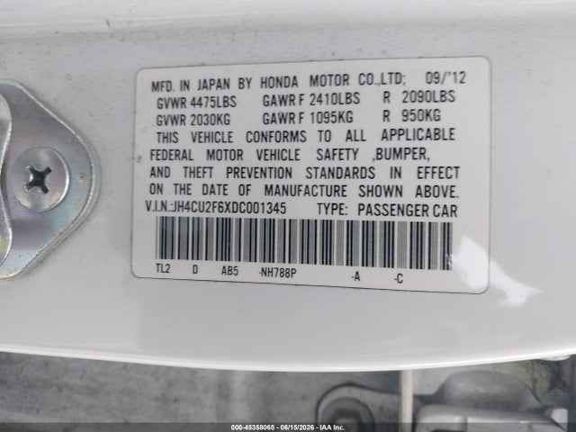 45358065 :رقم المزاد ، JH4CU2F6XDC001345 vin ، 2013 Acura Tsx 2.4 مزاد بيع