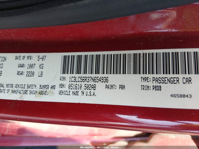 Продажа на аукционе авто 2007 Chrysler Sebring Touring, vin: 1C3LC56R37N654936, номер лота: 45358077