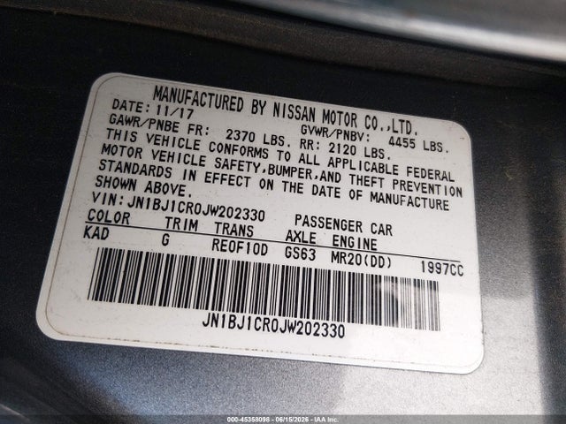 2018 Nissan Rogue Sport S მანქანა იყიდება აუქციონზე, vin: JN1BJ1CR0JW202330, აუქციონის ნომერი: 45358098