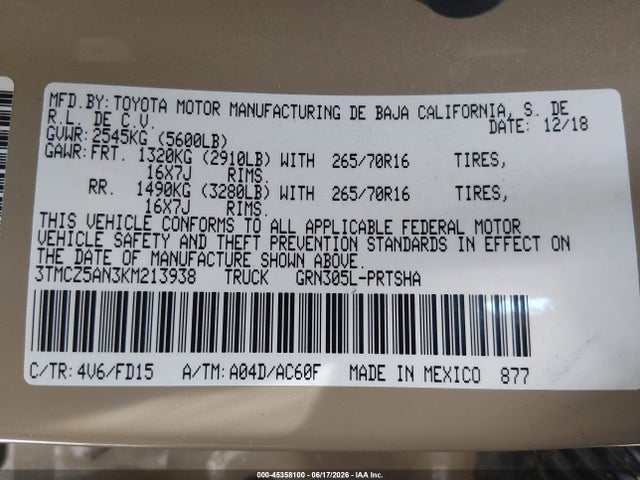 3TMCZ5AN3KM213938 Toyota Tacoma Trd Off Road