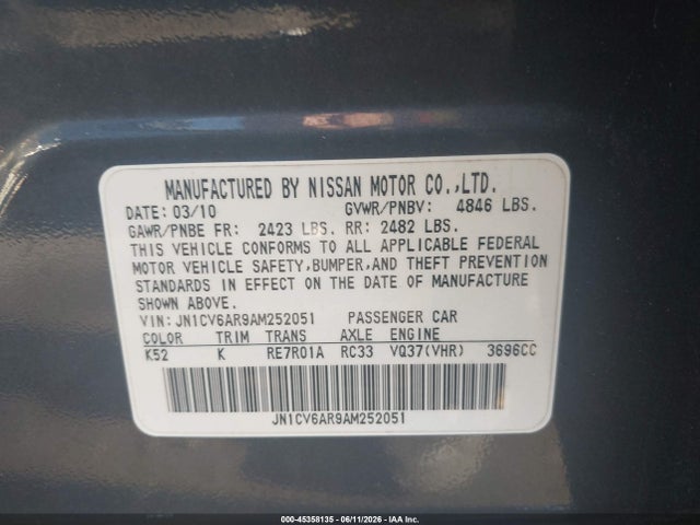 Aukcja sprzedaży 2010 Infiniti G37x, vin: JN1CV6AR9AM252051, numer aukcji: 45358135