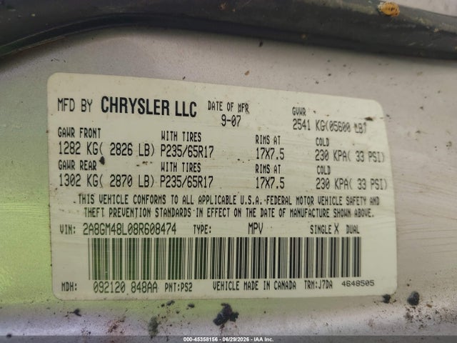 Aukcja sprzedaży 2008 Chrysler Pacifica Lx, vin: 2A8GM48L08R608474, numer aukcji: 45358156