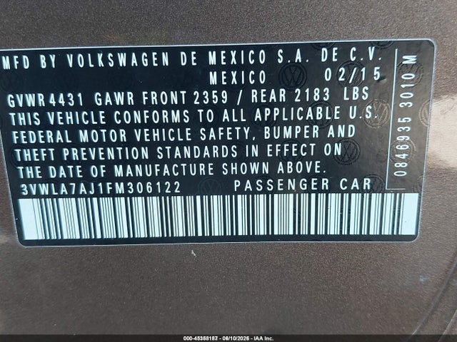3VWLA7AJ1FM306122 Volkswagen Jetta 2.0l Tdi Se