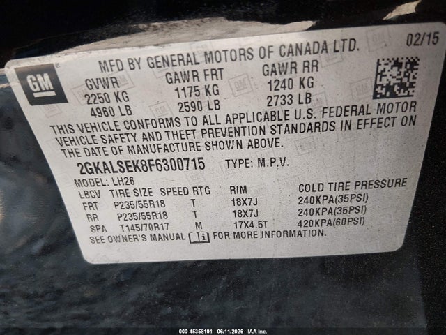 45358191 :رقم المزاد ، 2GKALSEK8F6300715 vin ، 2015 Gmc Terrain Slt-1 مزاد بيع