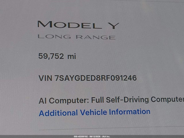 Продаж на аукціоні авто 2024 Tesla Model Y Long Range Single Motor Rear-wheel Drive/rwd, vin: 7SAYGDED8RF091246, номер лоту: 45358192