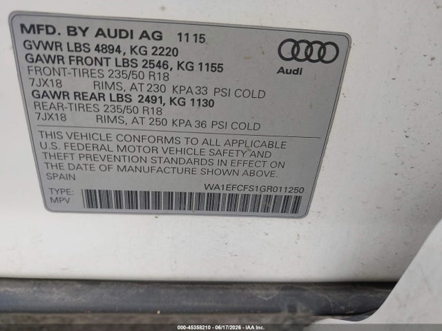 Aukcja sprzedaży 2016 Audi Q3 2.0t Premium Plus, vin: WA1EFCFS1GR011250, numer aukcji: 45358210