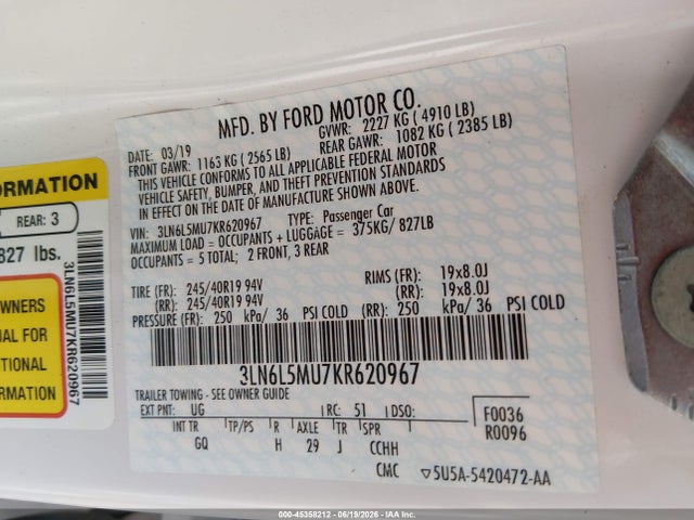 3LN6L5MU7KR620967 Lincoln Mkz Hybrid Reserve Ii