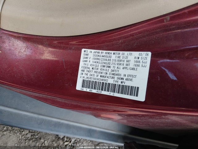 2006 Honda Cr-v Ex მანქანა იყიდება აუქციონზე, vin: JHLRD78836C046902, აუქციონის ნომერი: 45358225