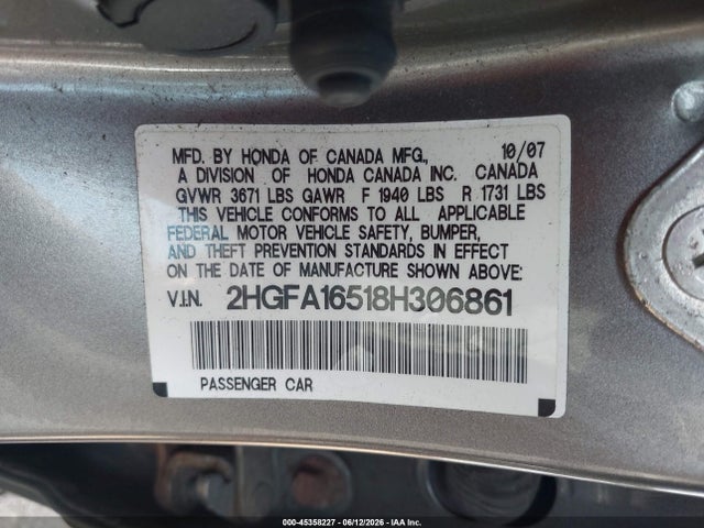 Aukcja sprzedaży 2008 Honda Civic Lx, vin: 2HGFA16518H306861, numer aukcji: 45358227