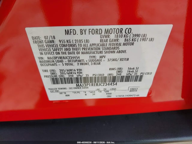Продаж на аукціоні авто 2018 Ford Ecosport S, vin: MAJ3P1RE8JC234454, номер лоту: 45358230