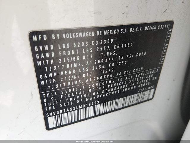 2020 Volkswagen Tiguan 2.0t Se/2.0t Se R-line Black/2.0t Sel მანქანა იყიდება აუქციონზე, vin: 3VV3B7AX2LM019793, აუქციონის ნომერი: 45358247