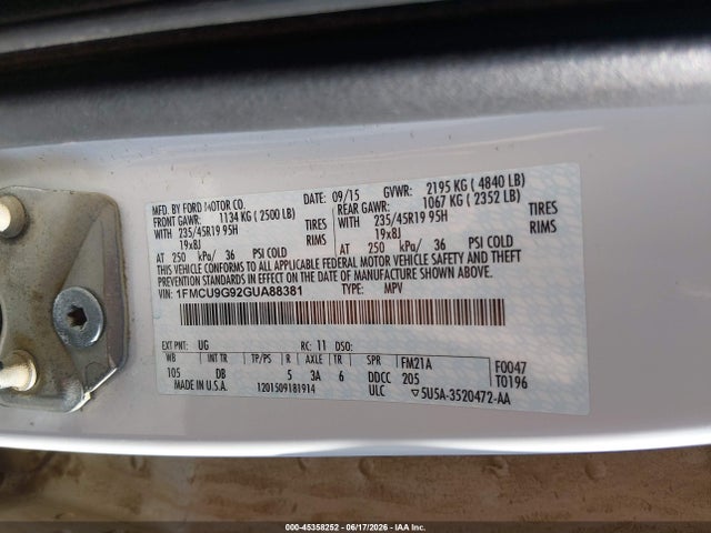 2016 Ford Escape Se მანქანა იყიდება აუქციონზე, vin: 1FMCU9G92GUA88381, აუქციონის ნომერი: 45358252