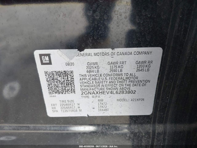 Продаж на аукціоні авто 2020 Chevrolet Equinox Fwd Ls, vin: 2GNAXHEV4L6283802, номер лоту: 45358259