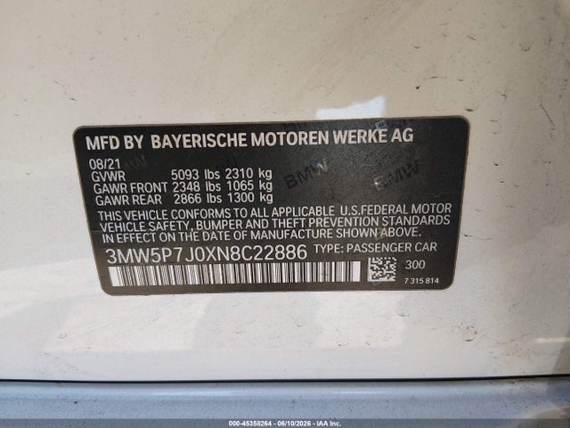 Auction sale of the 2022 Bmw 330e, vin: 3MW5P7J0XN8C22886, lot number: 45358264