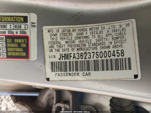 Aukcja sprzedaży 2007 Honda Civic Hybrid, vin: JHMFA36237S000458, numer aukcji: 45358270