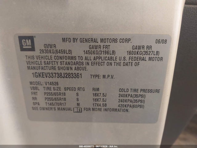 45358272 :رقم المزاد ، 1GKEV33738J283361 vin ، 2008 Gmc Acadia Slt-2 مزاد بيع