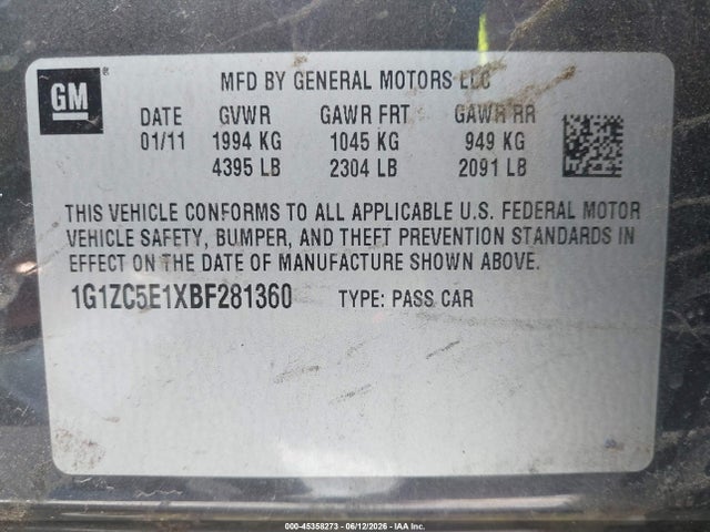 Продажа на аукционе авто 2011 Chevrolet Malibu 1lt, vin: 1G1ZC5E1XBF281360, номер лота: 45358273