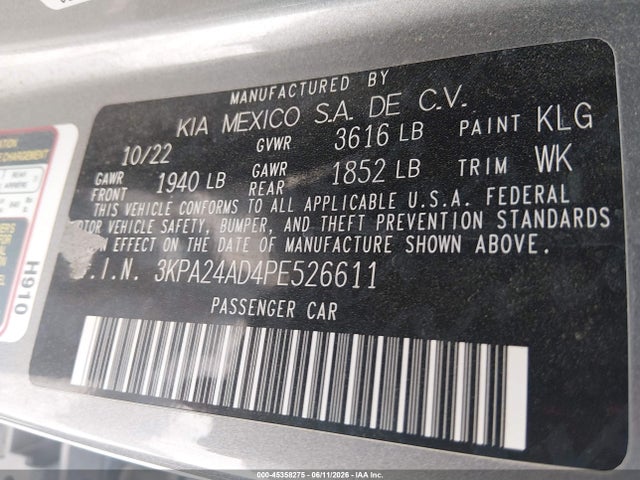 Продаж на аукціоні авто 2023 Kia Rio S, vin: 3KPA24AD4PE526611, номер лоту: 45358275