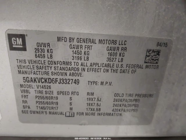45358283 :رقم المزاد ، 5GAKVCKD6FJ332749 vin ، 2015 Buick Enclave Premium مزاد بيع