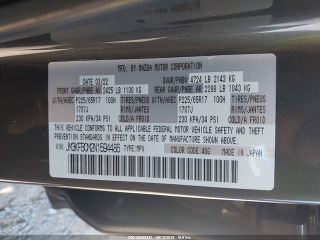 45358321 :رقم المزاد ، JM3KFBCM2N1594486 vin ، 2022 Mazda Cx-5 2.5 S Preferred مزاد بيع