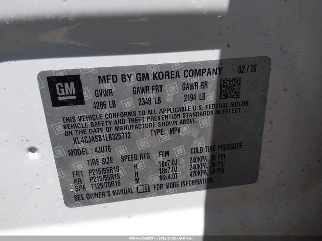 45358329 :رقم المزاد ، KL4CJASB1LB325712 vin ، 2020 Buick Encore Fwd Preferred مزاد بيع
