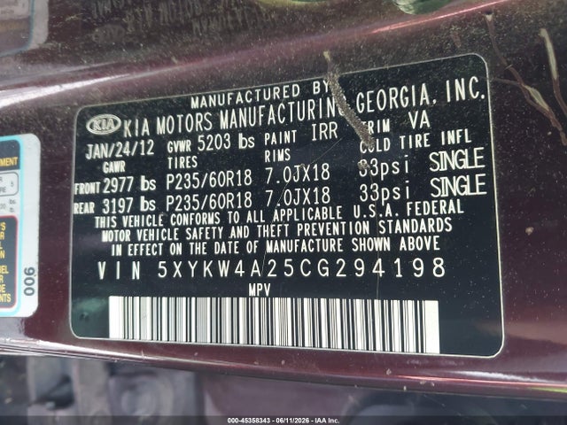 45358343 :رقم المزاد ، 5XYKW4A25CG294198 vin ، 2012 Kia Sorento Sx V6 مزاد بيع
