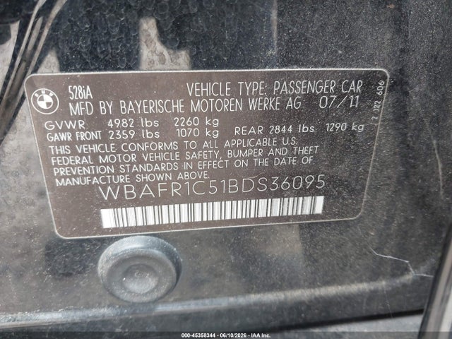 2011 Bmw 528i მანქანა იყიდება აუქციონზე, vin: WBAFR1C51BDS36095, აუქციონის ნომერი: 45358344
