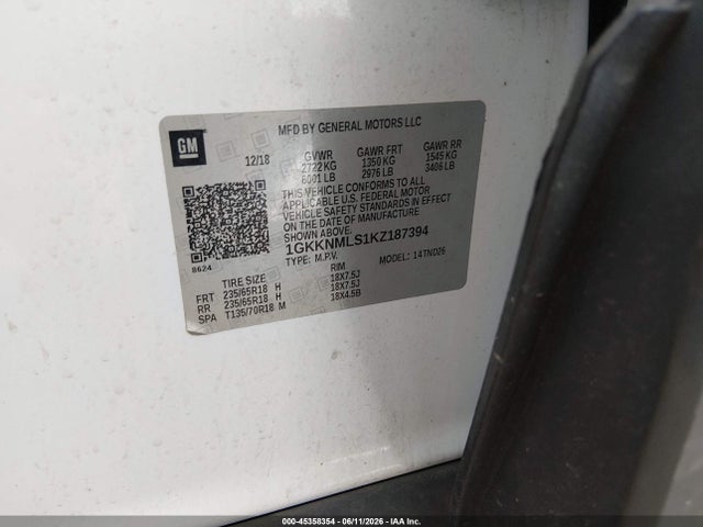 Продаж на аукціоні авто 2019 Gmc Acadia Slt-1, vin: 1GKKNMLS1KZ187394, номер лоту: 45358354