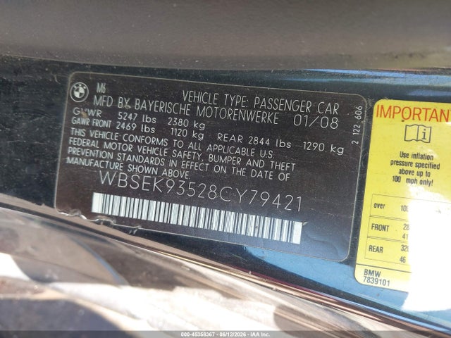 Aukcja sprzedaży 2008 Bmw M6, vin: WBSEK93528CY79421, numer aukcji: 45358367