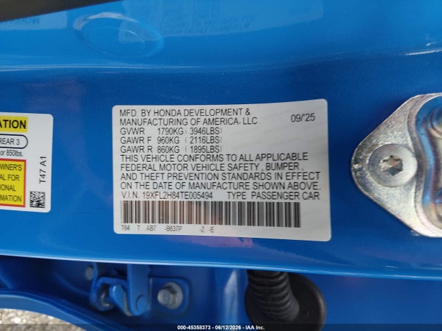 45358373 :رقم المزاد ، 19XFL2H84TE005494 vin ، 2026 Honda Civic Sport مزاد بيع