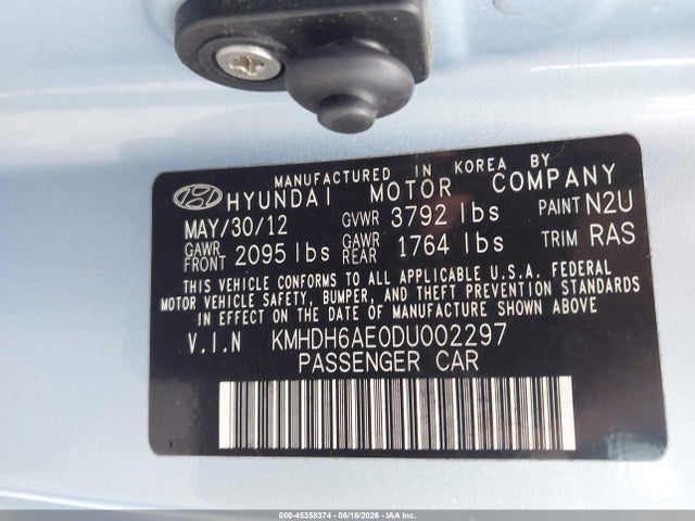 Aukcja sprzedaży 2013 Hyundai Elantra Gs, vin: KMHDH6AE0DU002297, numer aukcji: 45358374