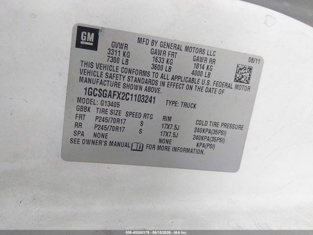 45358379 :رقم المزاد ، 1GCSGAFX2C1103241 vin ، 2012 Chevrolet Express 1500 Work Van مزاد بيع