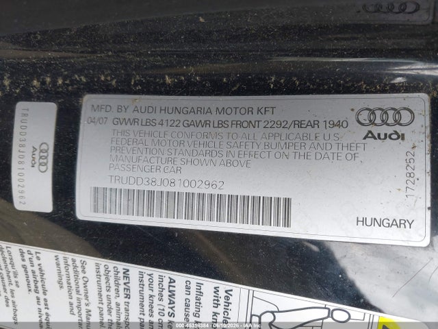 Aukcja sprzedaży 2008 Audi Tt 3.2, vin: TRUDD38J081002962, numer aukcji: 45358384