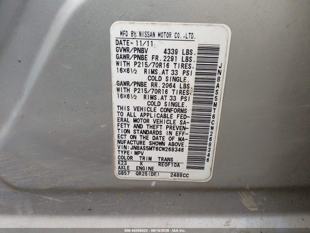 Продаж на аукціоні авто 2012 Nissan Rogue S, vin: JN8AS5MT6CW268346, номер лоту: 45358423