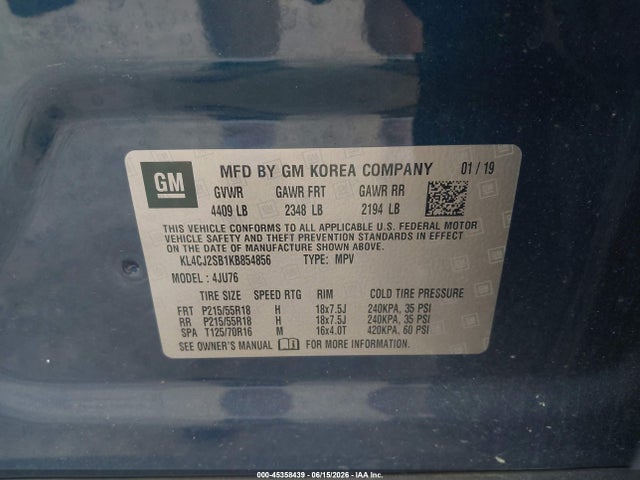 45358439 :رقم المزاد ، KL4CJ2SB1KB854856 vin ، 2019 Buick Encore Awd Sport Touring مزاد بيع