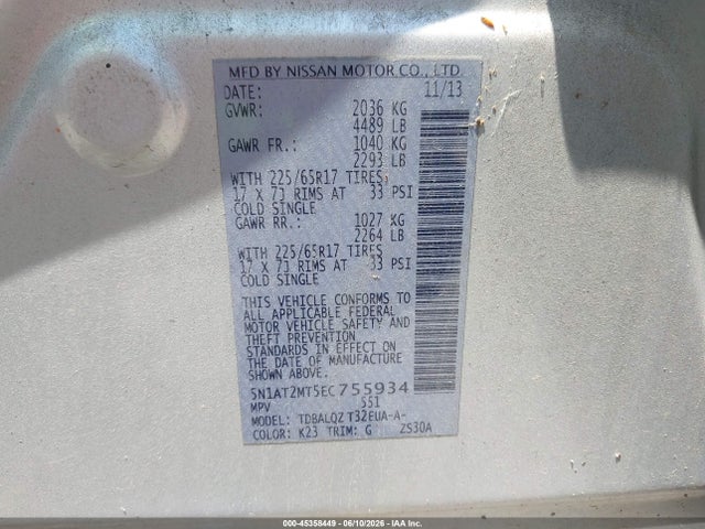 Продаж на аукціоні авто 2014 Nissan Rogue Sv, vin: 5N1AT2MT5EC755934, номер лоту: 45358449
