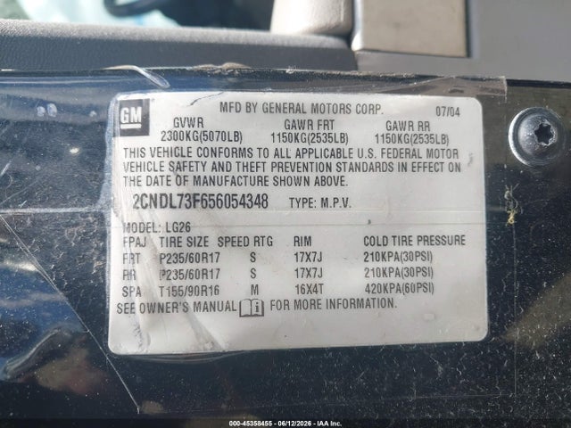 Продажа на аукционе авто 2005 Chevrolet Equinox Lt, vin: 2CNDL73F656054348, номер лота: 45358455