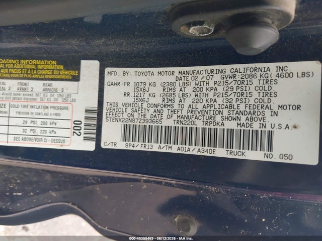 Продажа на аукционе авто 2007 Toyota Tacoma, vin: 5TENX22N87Z393665, номер лота: 45358469