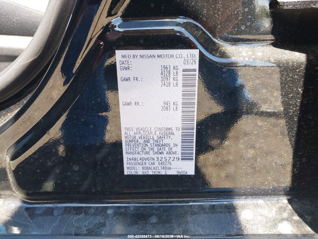 45358473 :رقم المزاد ، 1N4BL4DV6TN325729 vin ، 2026 Nissan Altima Sv Fwd مزاد بيع