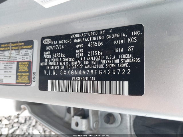 45358475 :رقم المزاد ، 5XXGN4A78FG429722 vin ، 2015 Kia Optima Ex مزاد بيع