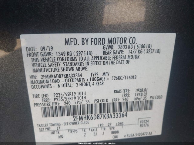 Aukcja sprzedaży 2019 Ford Flex Limited, vin: 2FMHK6D87KBA33364, numer aukcji: 45358481