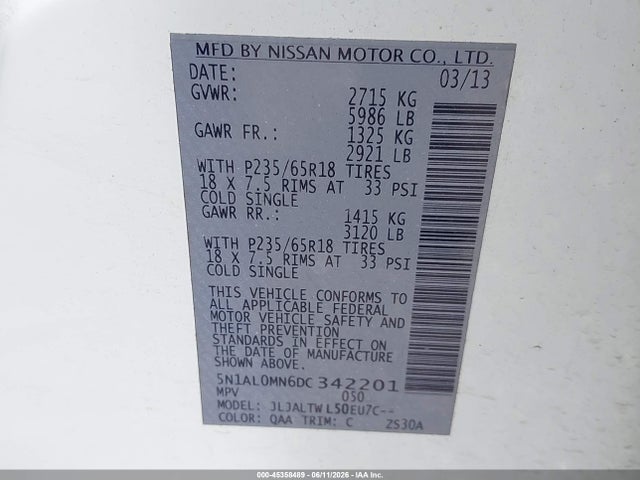 Aukcja sprzedaży 2013 Infiniti Jx35, vin: 5N1AL0MN6DC342201, numer aukcji: 45358489