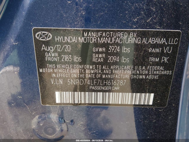 5NPD74LF7LH616287 Hyundai ELANTRA SE