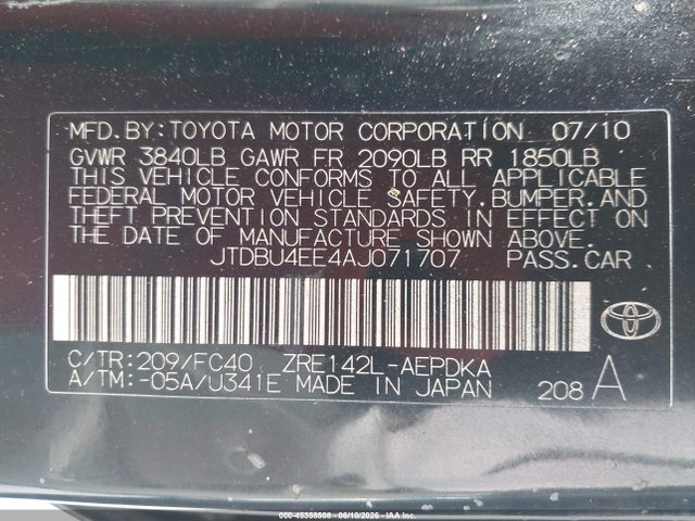 2010 Toyota Corolla Le მანქანა იყიდება აუქციონზე, vin: JTDBU4EE4AJ071707, აუქციონის ნომერი: 45358508