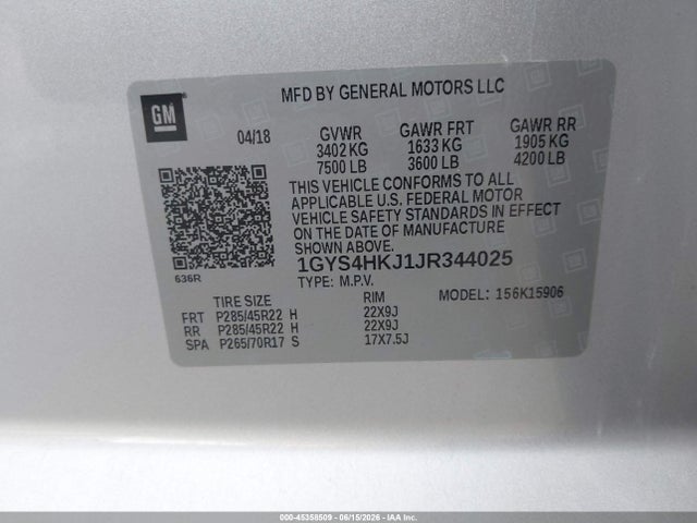 45358509 :رقم المزاد ، 1GYS4HKJ1JR344025 vin ، 2018 Cadillac Escalade Esv Luxury مزاد بيع