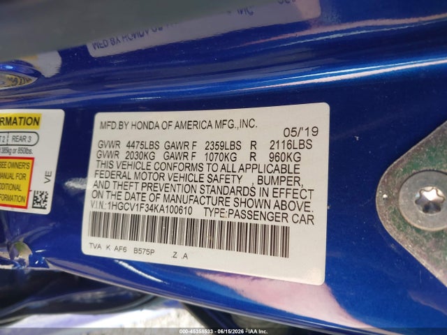 Продажа на аукционе авто 2019 Honda Accord Sport, vin: 1HGCV1F34KA100610, номер лота: 45358533