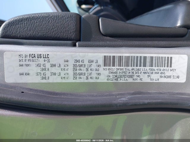 Aukcja sprzedaży 2016 Jeep Grand Cherokee Limited, vin: 1C4RJEBG7GC439927, numer aukcji: 45358542