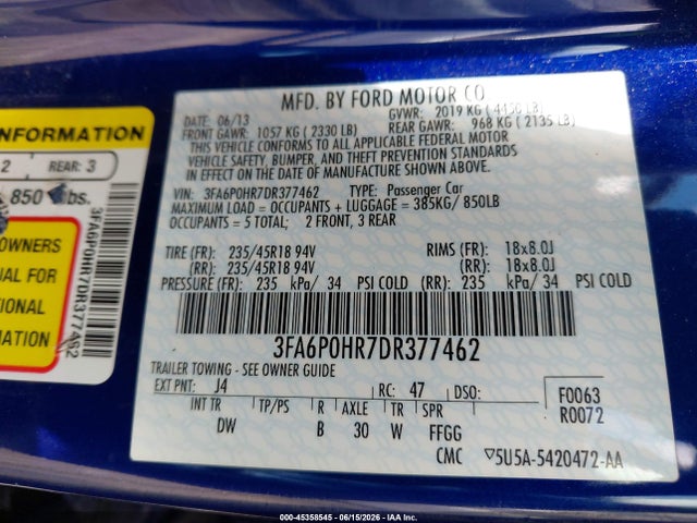 Aukcja sprzedaży 2013 Ford Fusion Se, vin: 3FA6P0HR7DR377462, numer aukcji: 45358545